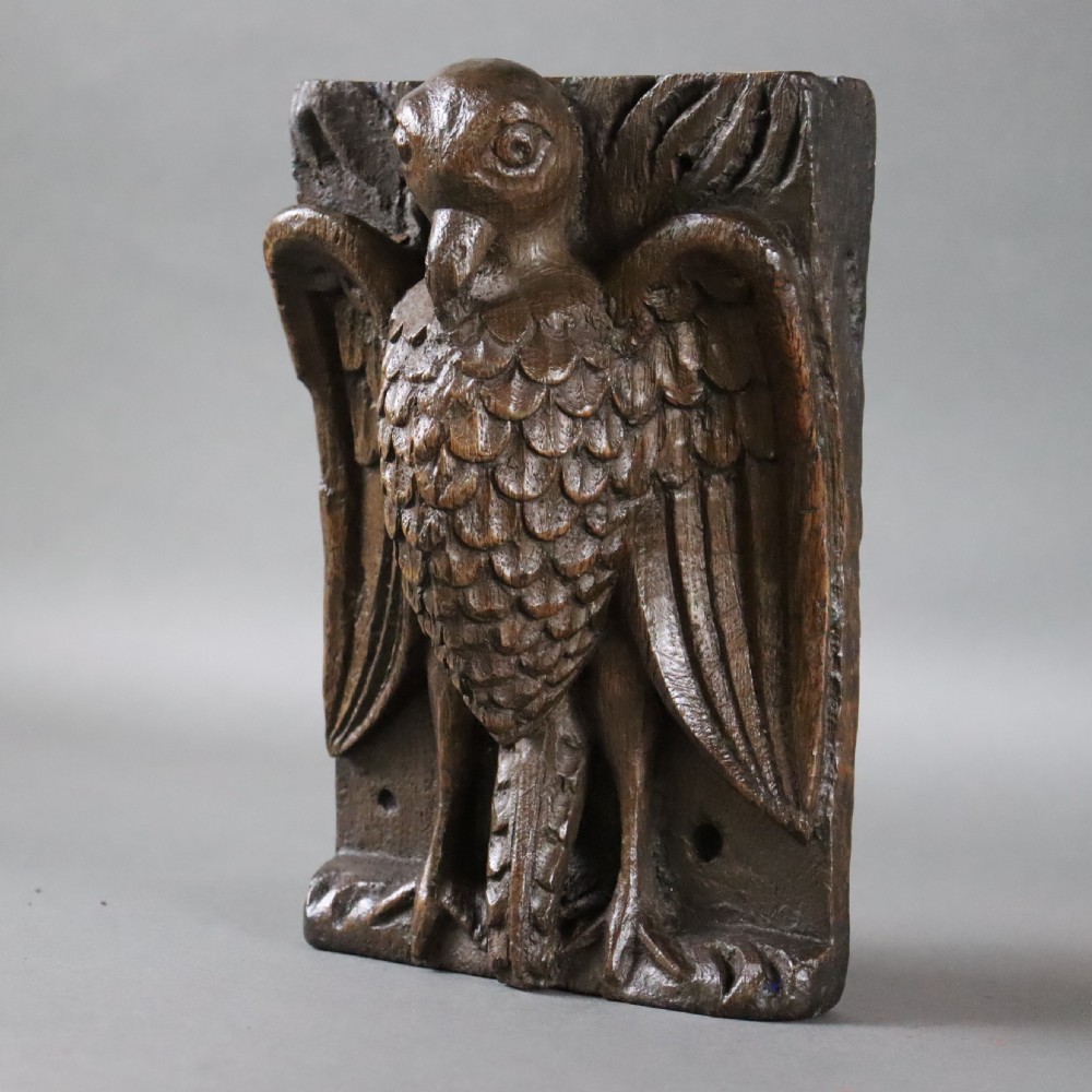 Rare English 17th Century religious oak carving of the Vulning Pelican View VIII