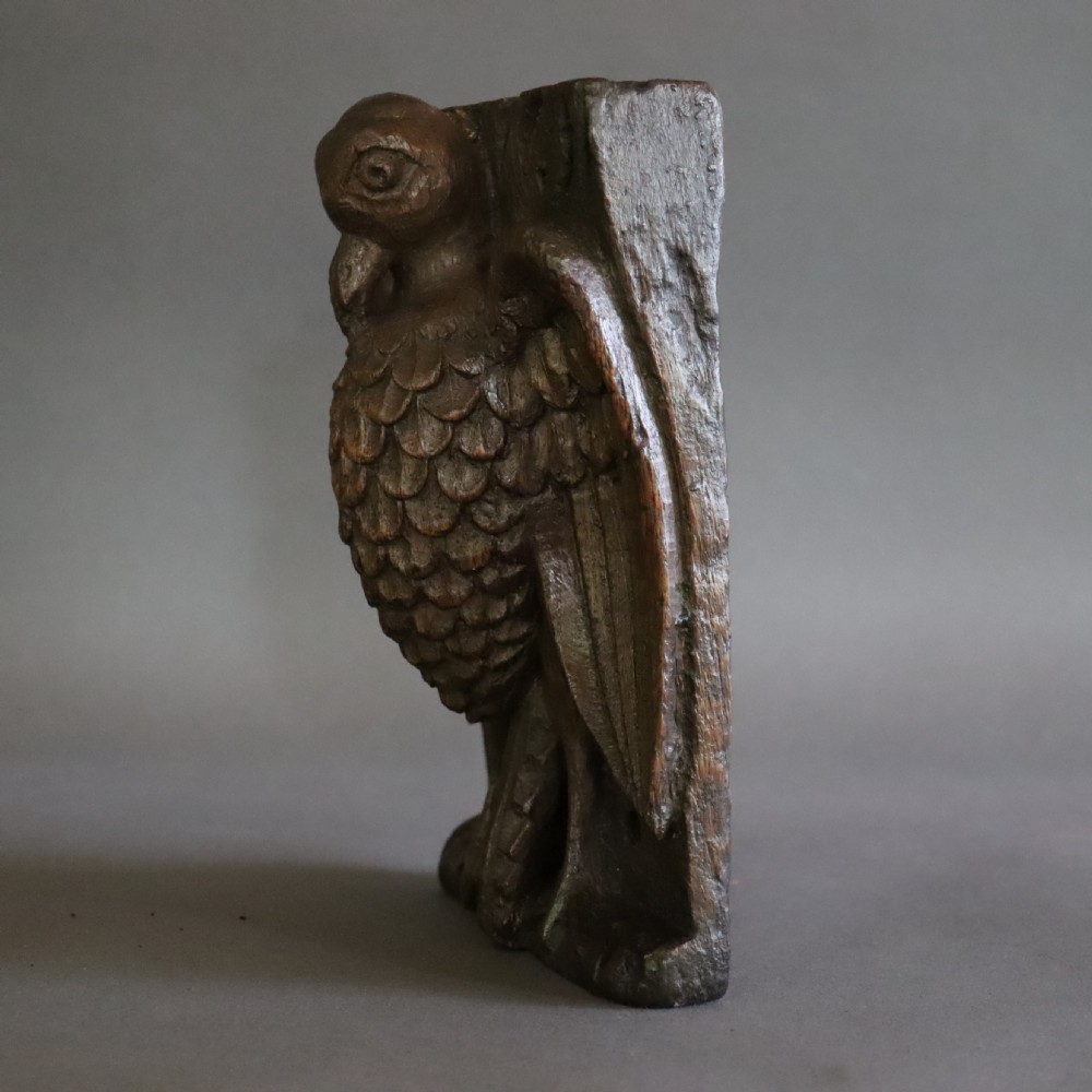 Rare English 17th Century religious oak carving of the Vulning Pelican View X