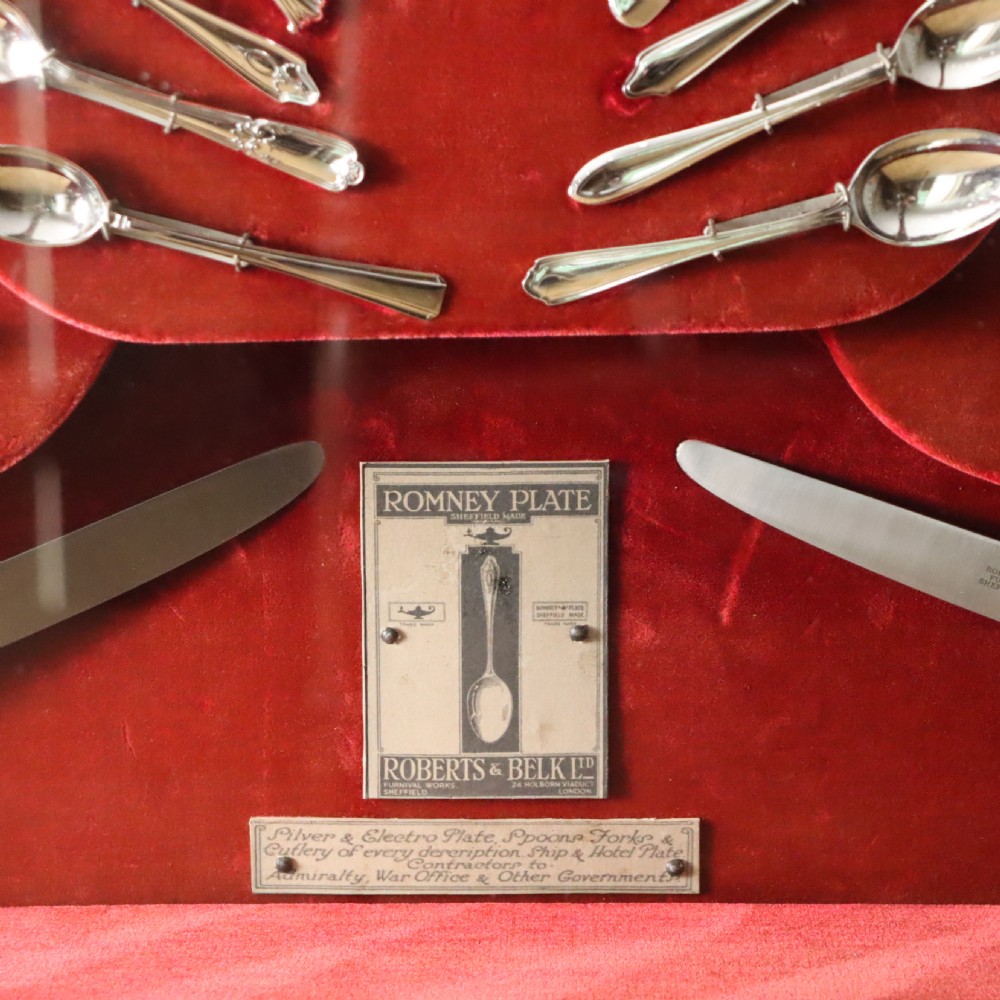 A Remarkable Bronze framed and glazed display of silver plate flat wear by Sheffield makers Roberts & Belk Ltd.  Circa 1920 View IV