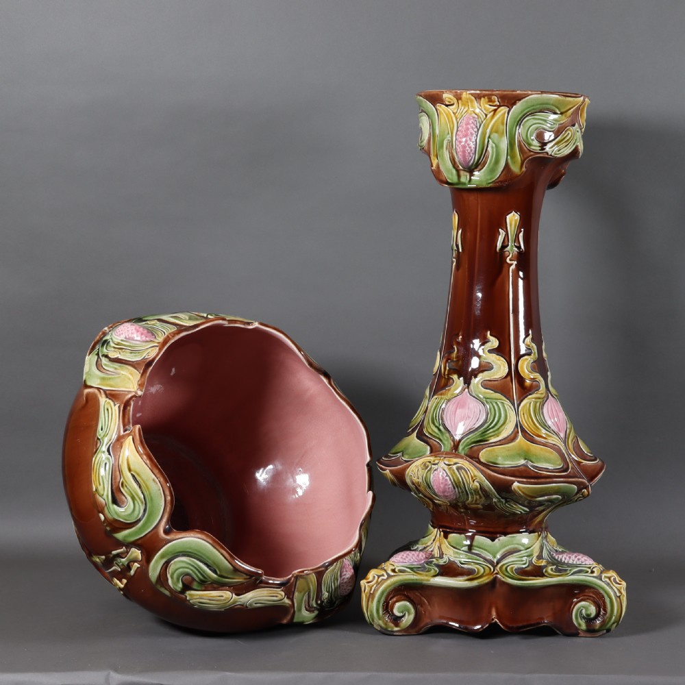 An Art Nouveau majolica jardiniere and stand. Circa1900  View III