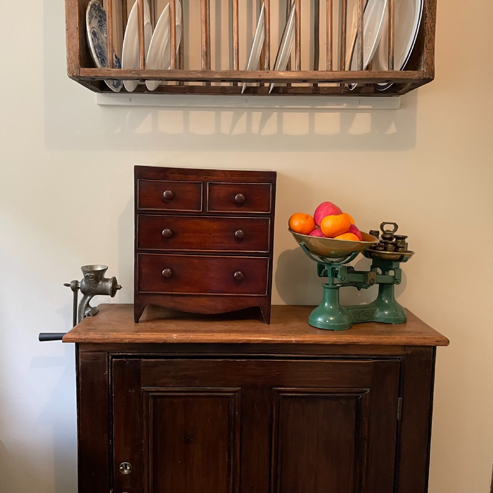 A Georgian mahogany miniature apprentice chest of drawers with turned wooden handles, four graduated drawers, and bracket feet. View III