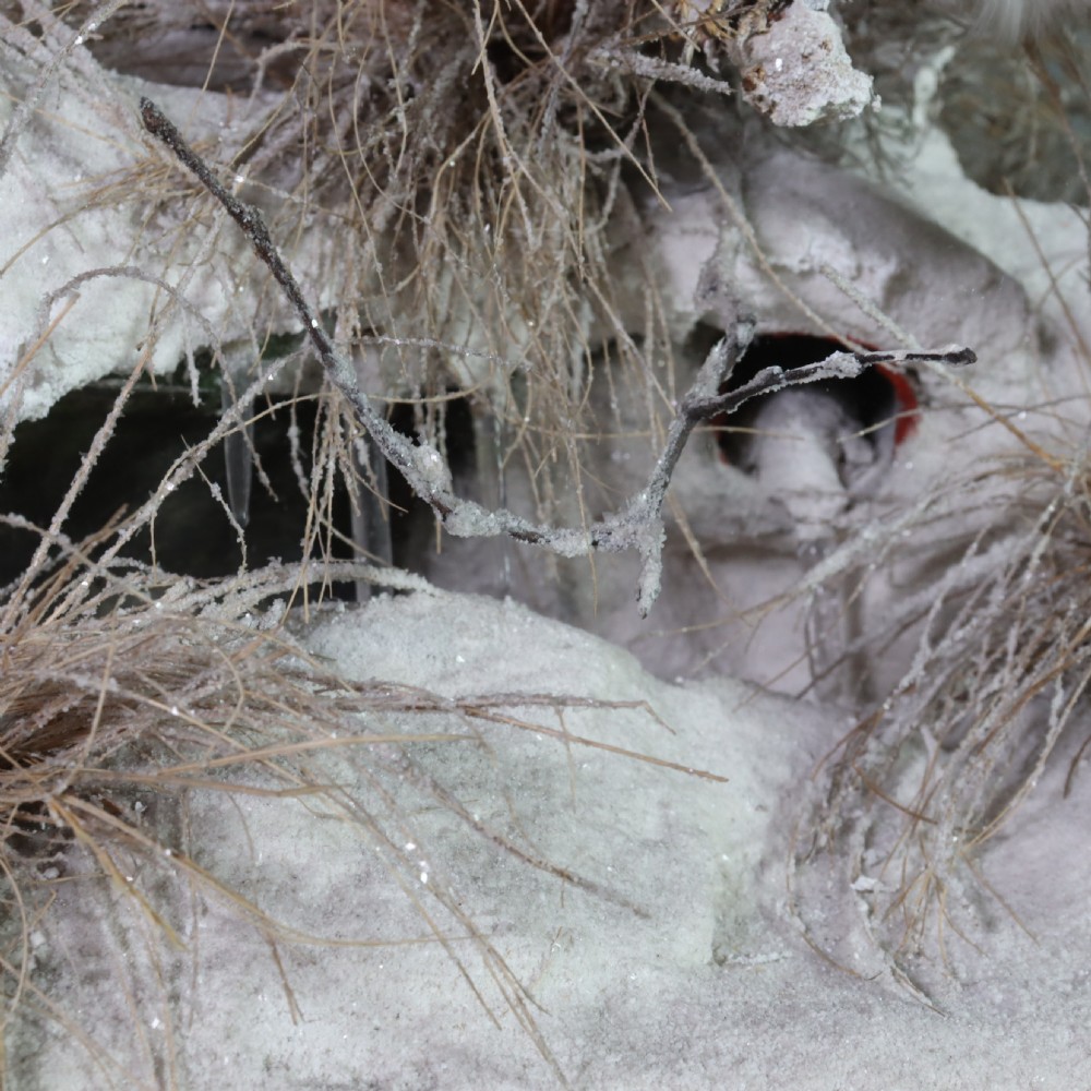 A pair of Victorian snow bunting taxidermy specimens displayed inside a tall glass dome on an ebonised wooden base. View II