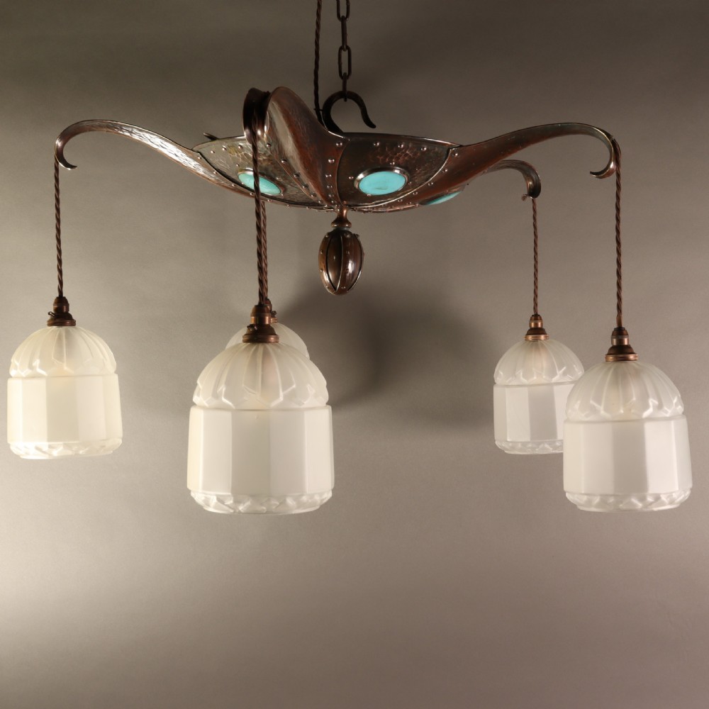 Remarkable Arts & Crafts hammered copper electrolier with Ruskin cabochons. Circa 1910 View IV