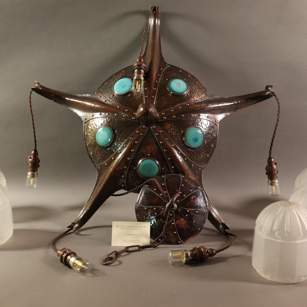 Remarkable Arts & Crafts hammered copper electrolier with Ruskin cabochons. Circa 1910 View V