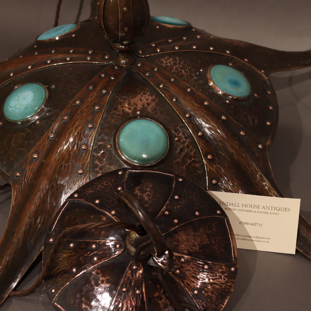 Remarkable Arts & Crafts hammered copper electrolier with Ruskin cabochons. Circa 1910 View VI