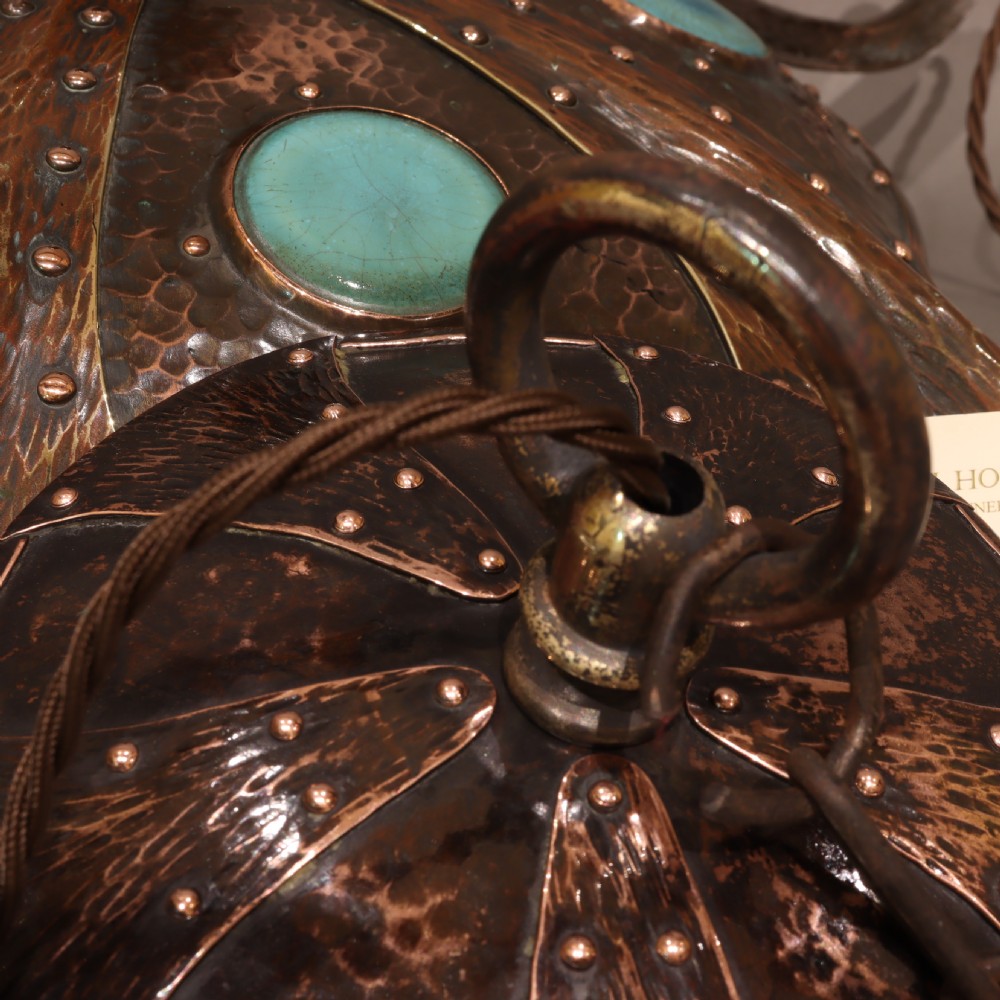 Remarkable Arts & Crafts hammered copper electrolier with Ruskin cabochons. Circa 1910 View VII
