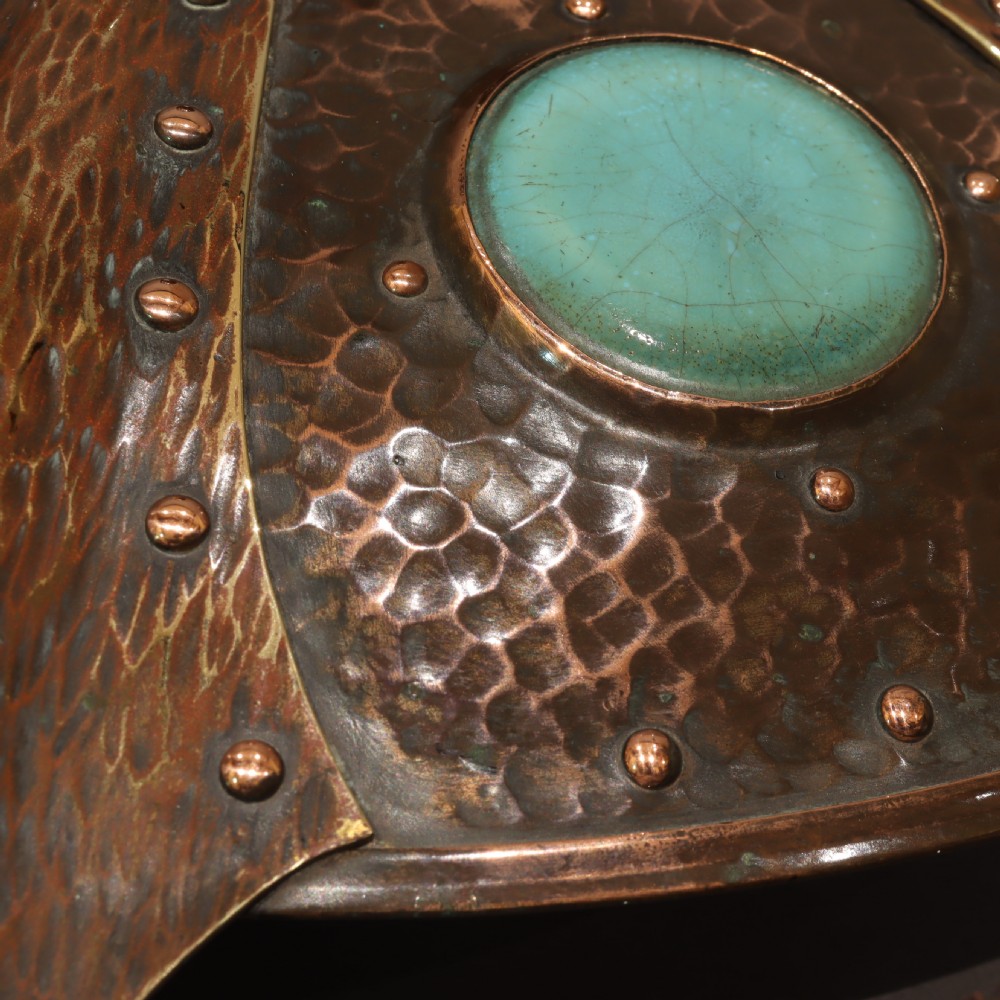 Remarkable Arts & Crafts hammered copper electrolier with Ruskin cabochons. Circa 1910 View VIII