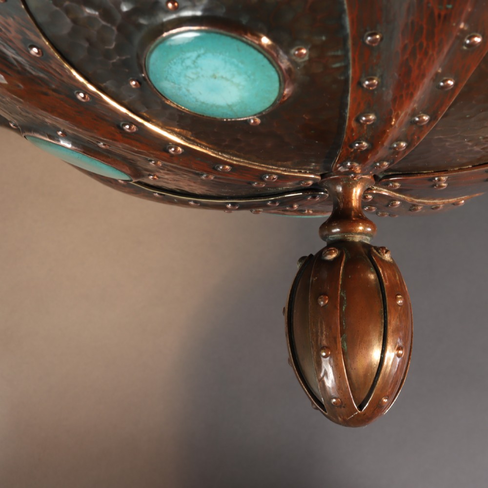 Remarkable Arts & Crafts hammered copper electrolier with Ruskin cabochons. Circa 1910 View IX