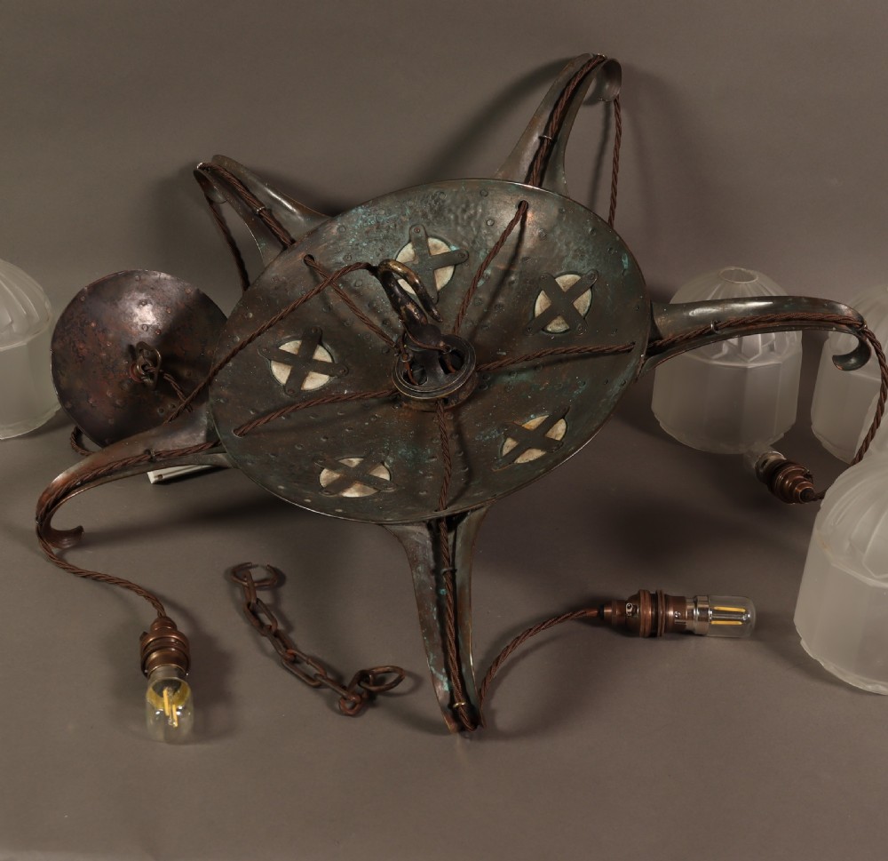 Remarkable Arts & Crafts hammered copper electrolier with Ruskin cabochons. Circa 1910 View X