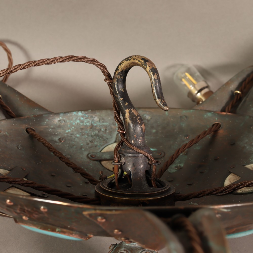 Remarkable Arts & Crafts hammered copper electrolier with Ruskin cabochons. Circa 1910 View XI