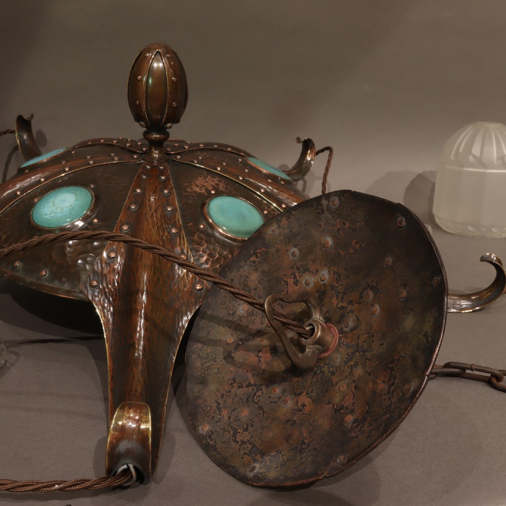 Remarkable Arts & Crafts hammered copper electrolier with Ruskin cabochons. Circa 1910 View XII