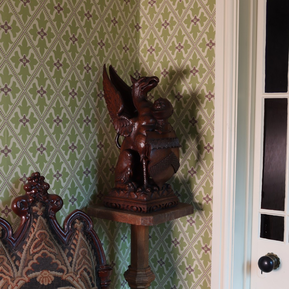 Impressive 19th Century Carved oak Griffin newel post displaying a family coat of arms View II