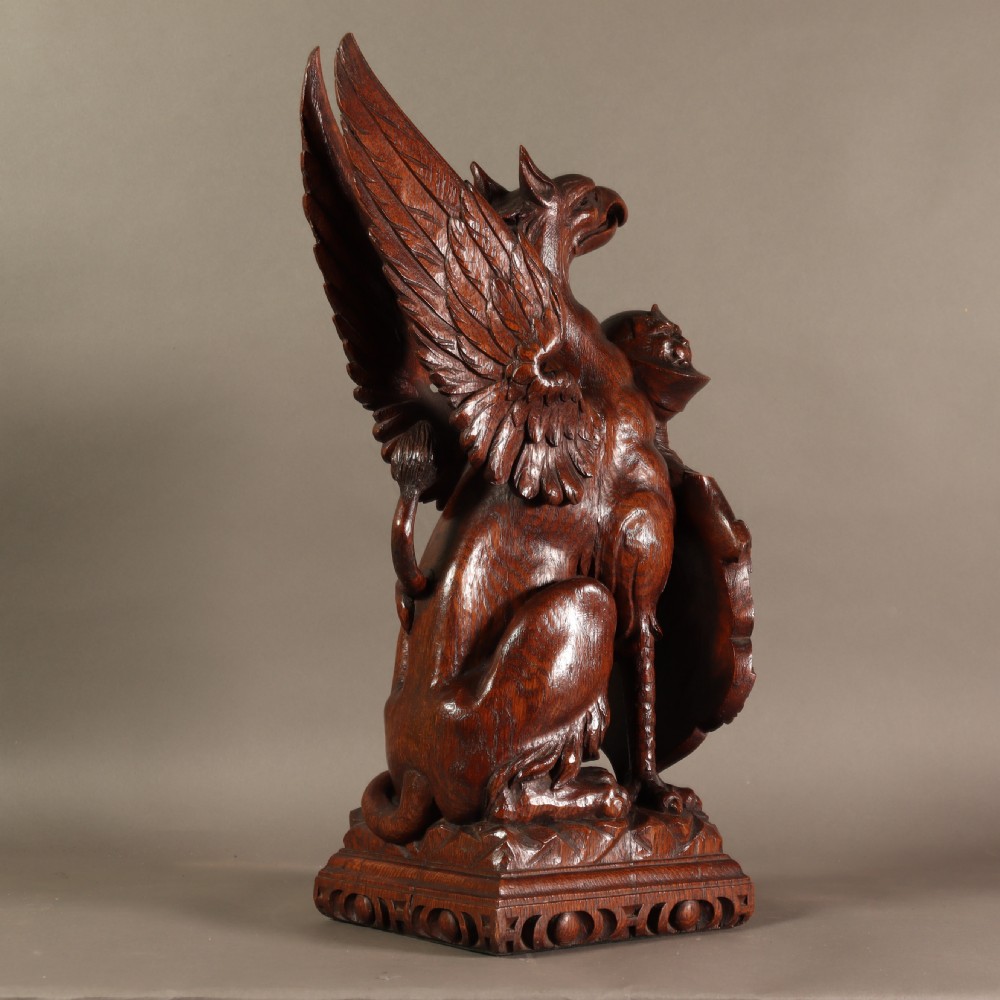 Impressive 19th Century Carved oak Griffin newel post displaying a family coat of arms View III