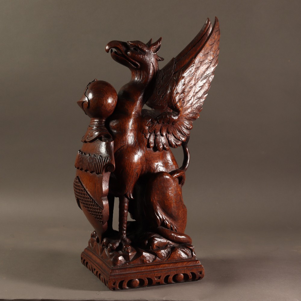 Impressive 19th Century Carved oak Griffin newel post displaying a family coat of arms View IV