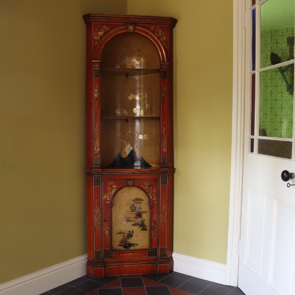 Red Japanned standing corner cupboard. Circa 1900 View II