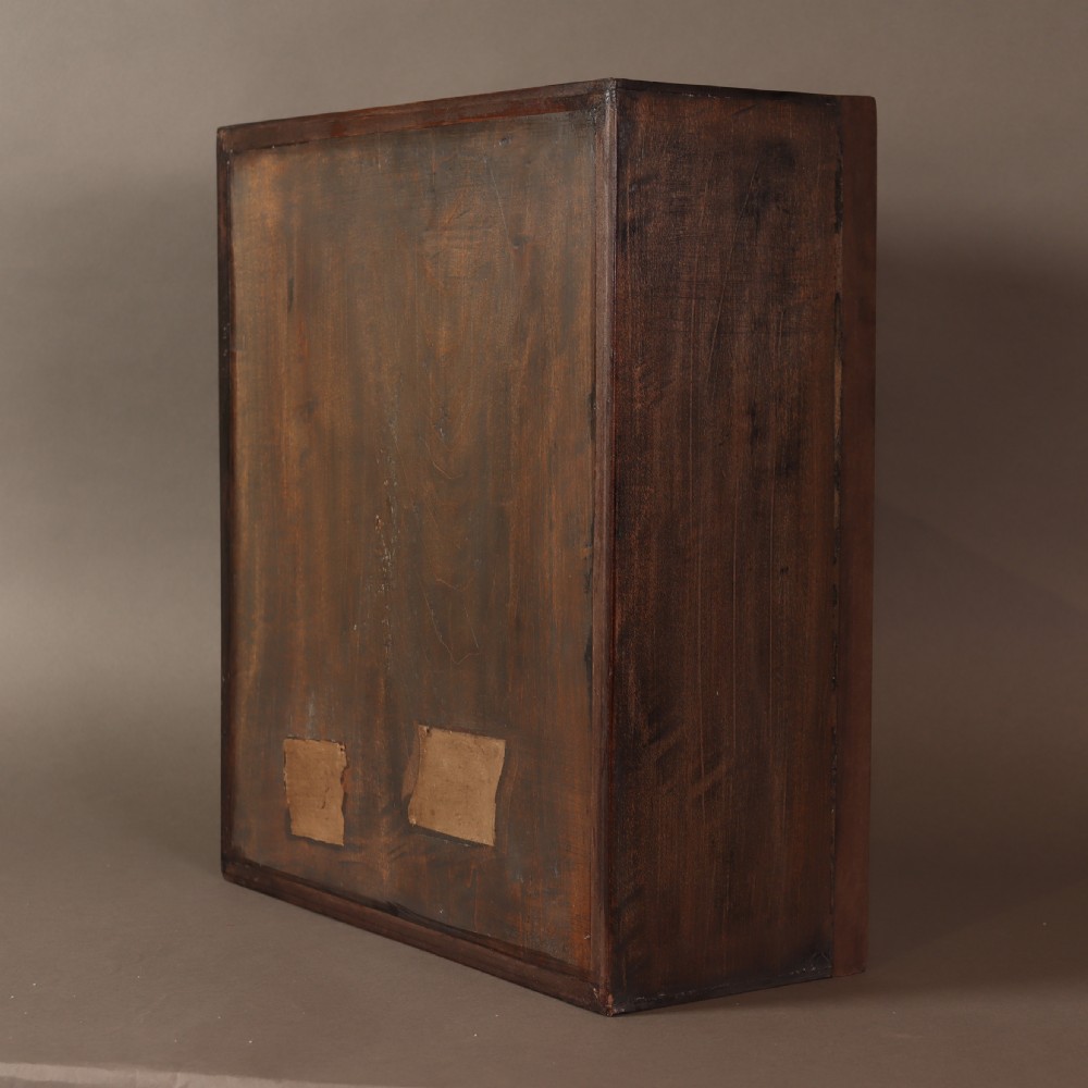 A Victorian glazed display case containing two taxidermy Little Owls mounted on wooden perches with printed paper identification labels. View VI
