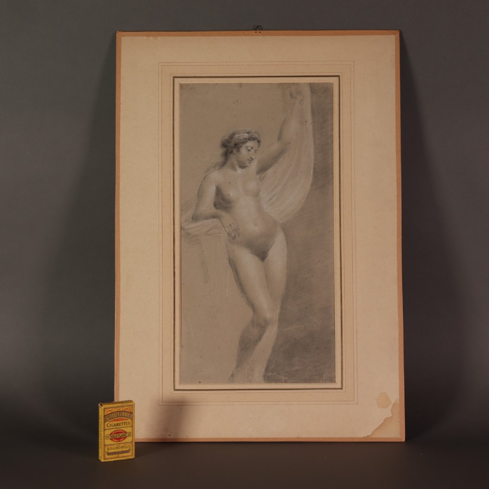 A 19th-century French academic study of a female nude figure drawn in black and white chalk on toned beige paper. View VI