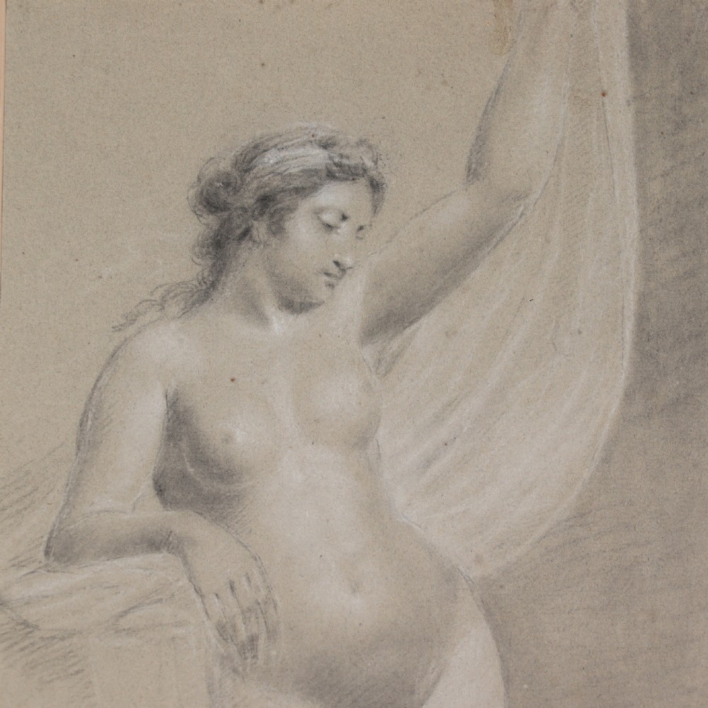 A 19th-century French academic study of a female nude figure drawn in black and white chalk on toned beige paper. View VII