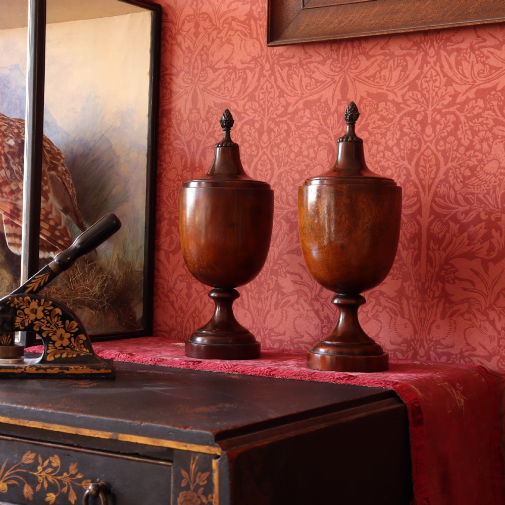 Treen – Pair of Neo Classical mid 19th Century mahogany lidded urns with brass pineapple inspired finials.  View II