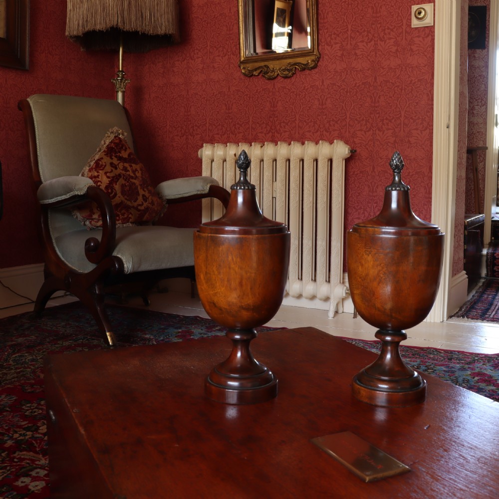 Treen – Pair of Neo Classical mid 19th Century mahogany lidded urns with brass pineapple inspired finials.  View V