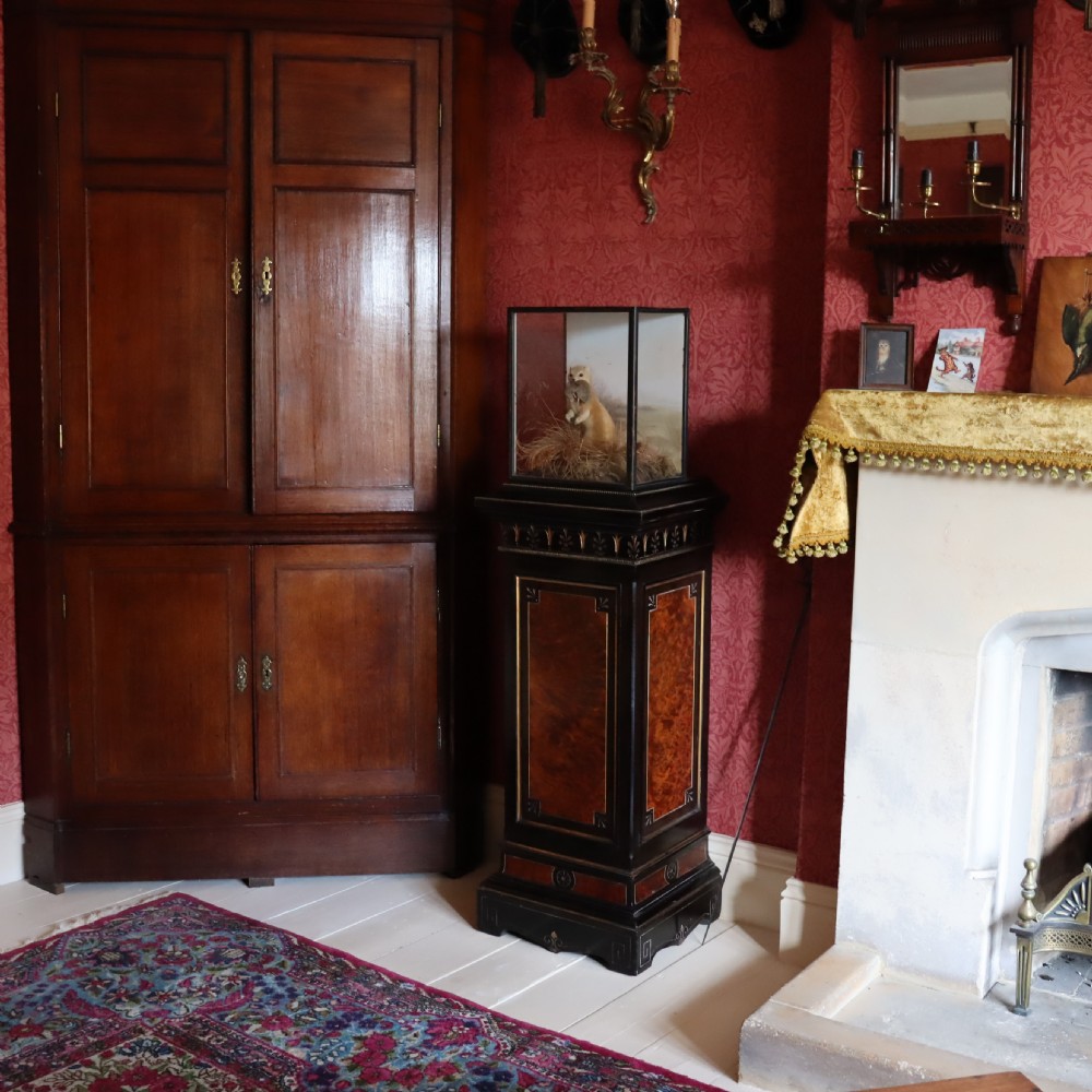 An ebonised Victorian Aesthetic Movement display pedestal featuring inset burr walnut panels, gilt incised frieze detailing, and a moulded square top. View IX
