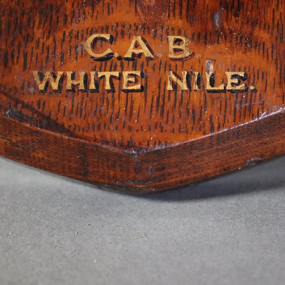 A Victorian taxidermy Nile buffalo head featuring curved dark horns mounted on a polished oak shield. View IV