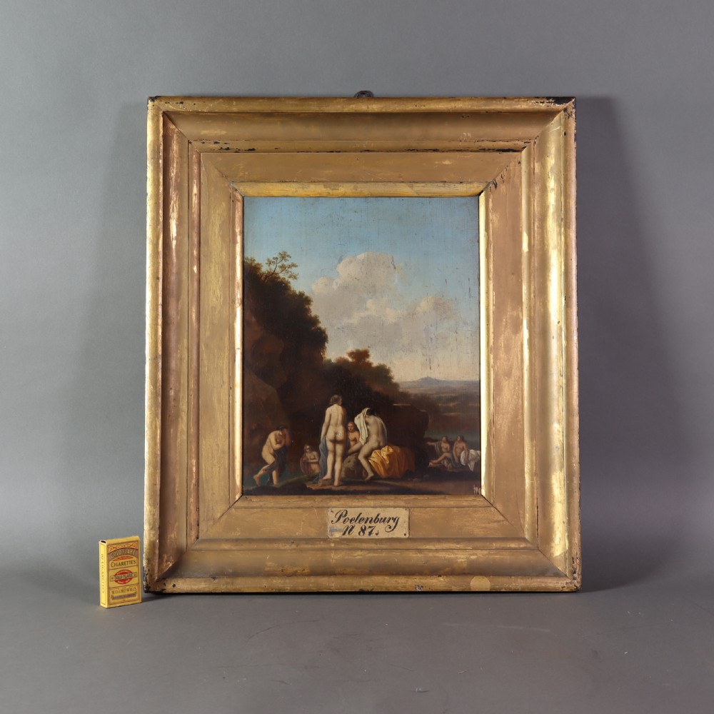 A 17th-century oil painting depicting classical bathing figures in an Arcadian landscape, framed in a heavy giltwood frame with a nameplate. View III