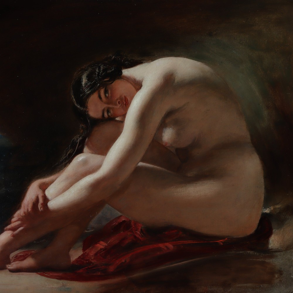 An antique oil painting on wood panel depicting a seated female nude inside a dark cave facing a seascape, set within a gilded molded frame. View III