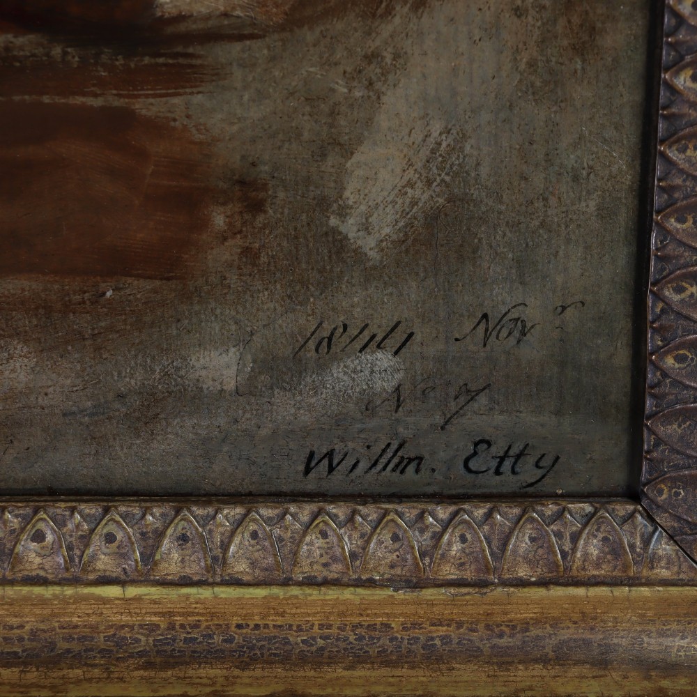 An antique oil painting on wood panel depicting a seated female nude inside a dark cave facing a seascape, set within a gilded molded frame. View V
