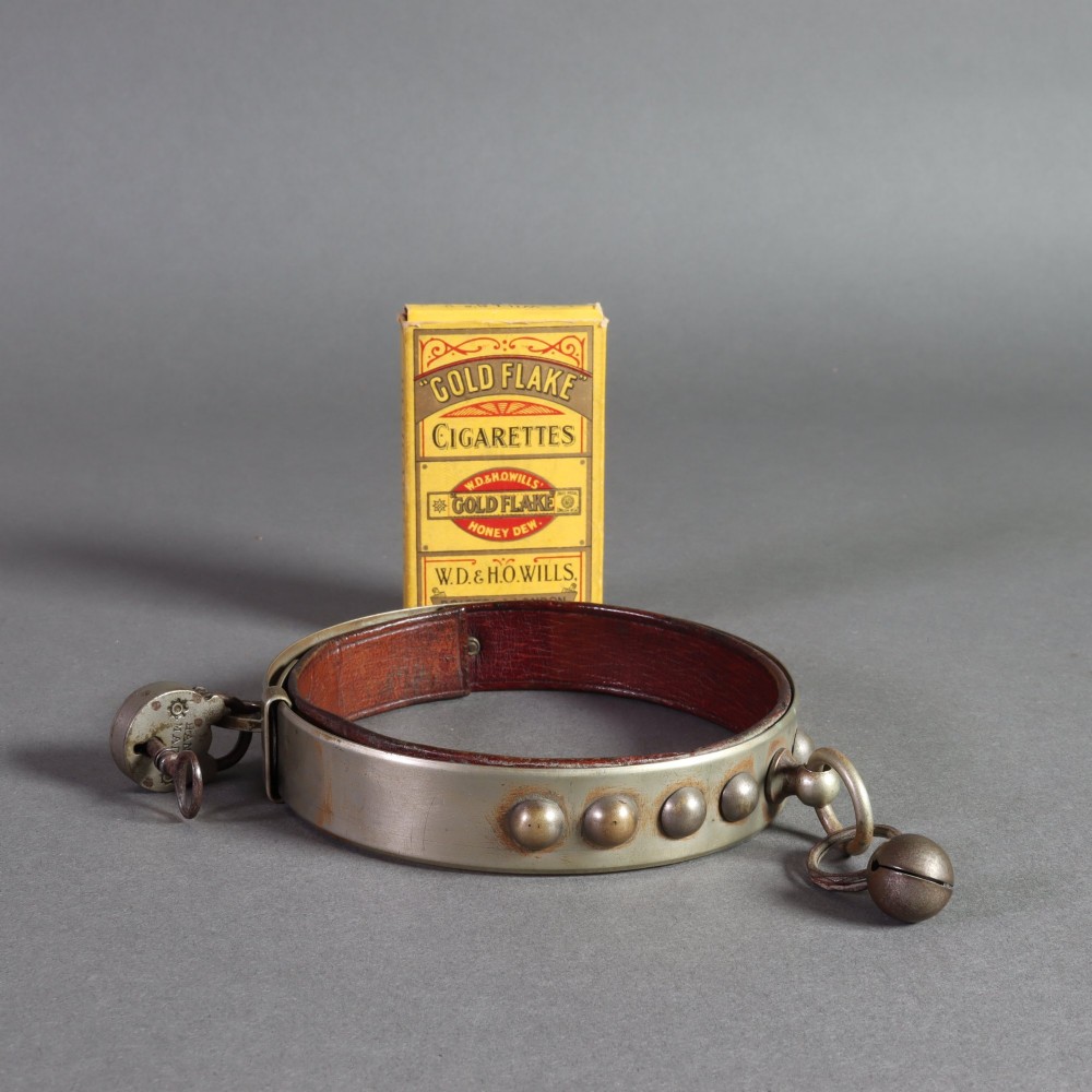 An Edwardian white metal dog collar featuring a brown leather lining, raised metal studs, an attached brass bell, and a functional padlock with key. View IV