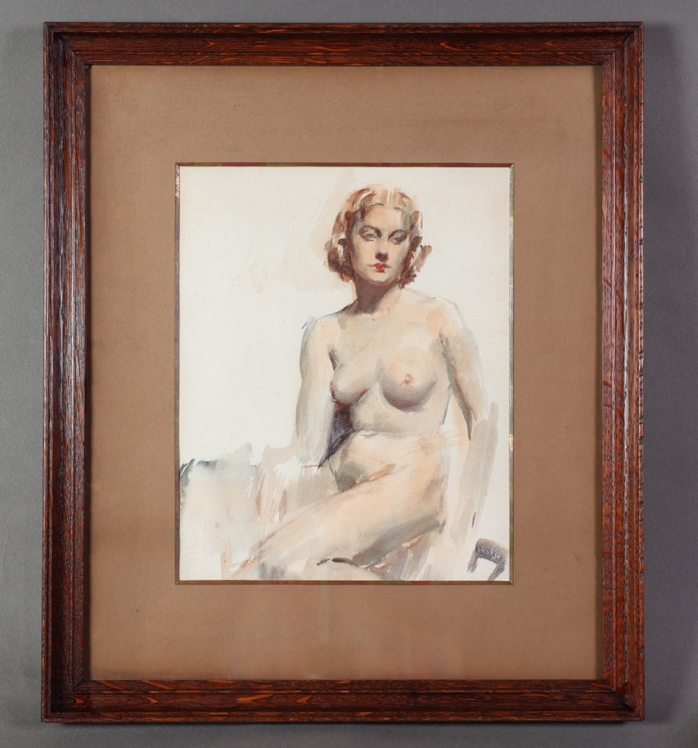 A 20th-century British School painting on paper depicting a seated female nude figure, presented within a wide cream mount and a dark oak moulded wooden frame.