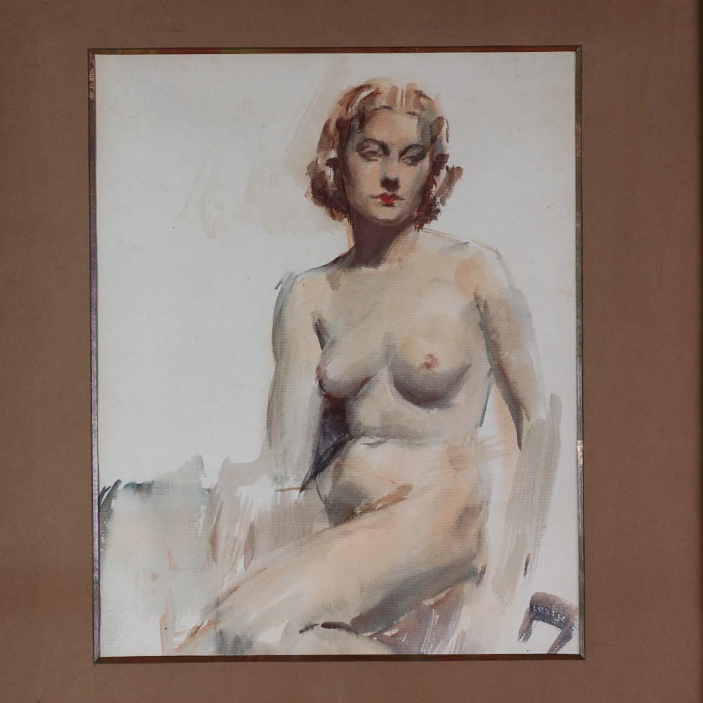 A 20th-century British School painting on paper depicting a seated female nude figure, presented within a wide cream mount and a dark oak moulded wooden frame. View II
