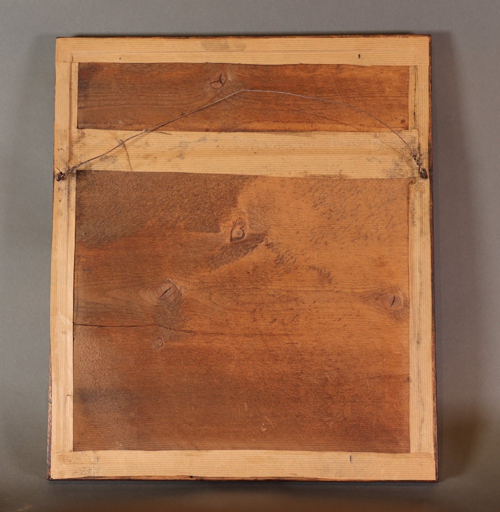 A 20th-century British School painting on paper depicting a seated female nude figure, presented within a wide cream mount and a dark oak moulded wooden frame. View V