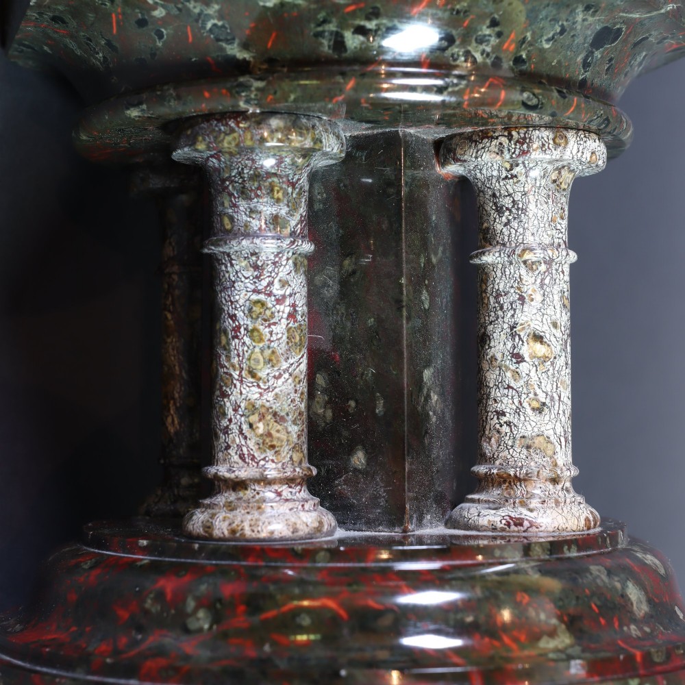 A late 19th-century carved Cornish serpentine stone model of an ecclesiastical font featuring an octagonal bowl supported by four turned columns on a circular base. View VI