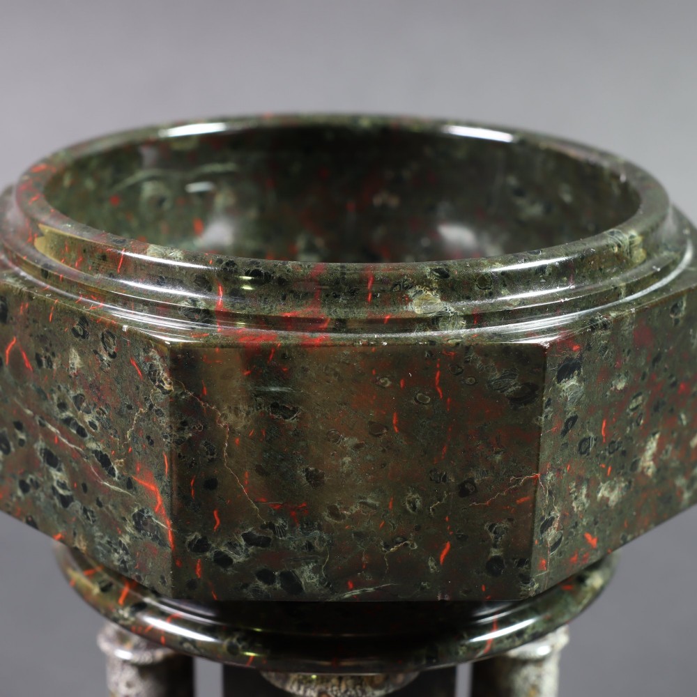 A late 19th-century carved Cornish serpentine stone model of an ecclesiastical font featuring an octagonal bowl supported by four turned columns on a circular base. View VII