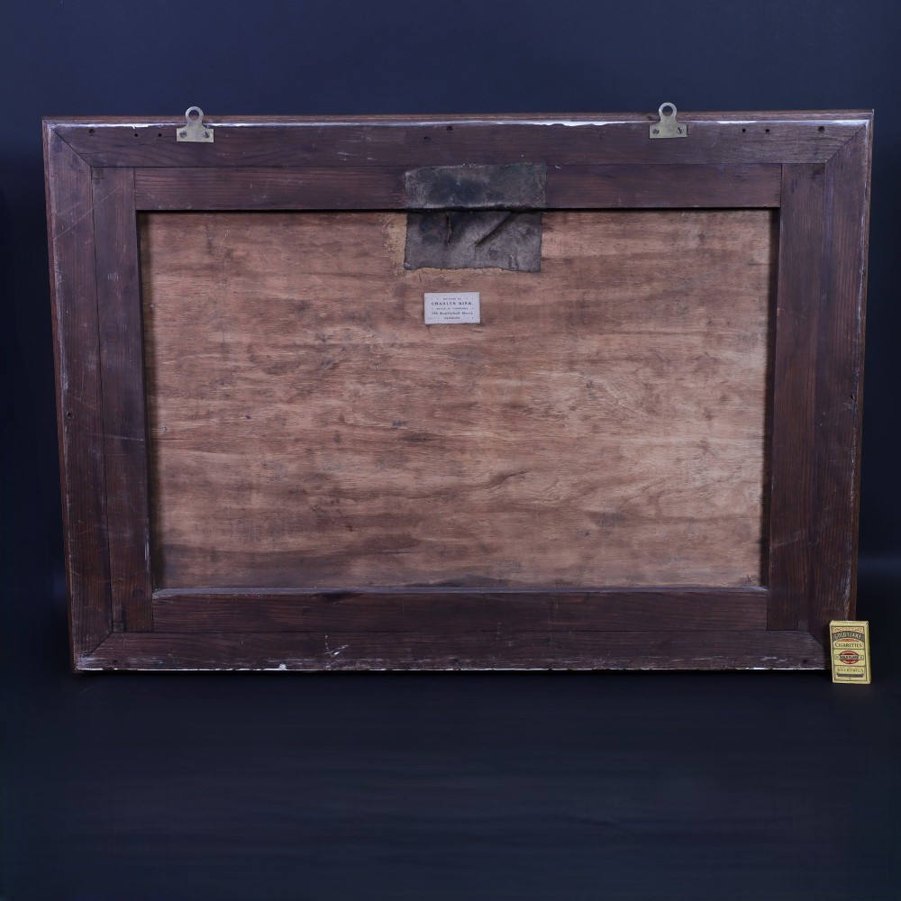 A Victorian cased taxidermy display depicting a curlew mounted in flight against a painted sky backdrop inside a glazed wooden frame. View VI