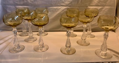 set of 10 st louis crystal etched wine glasses with air trapped stems c1900 - CATEGORY: ANTIQUE GLASS - DATED 1900