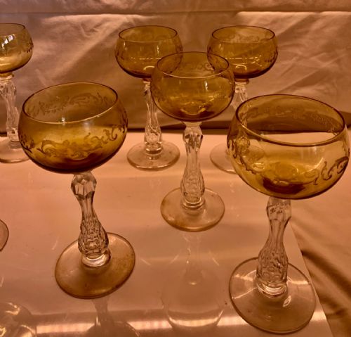 SET OF 10 ST LOUIS CRYSTAL ETCHED WINE GLASSES WITH AIR TRAPPED STEMS C1900 - ADDITIONAL PHOTO 1