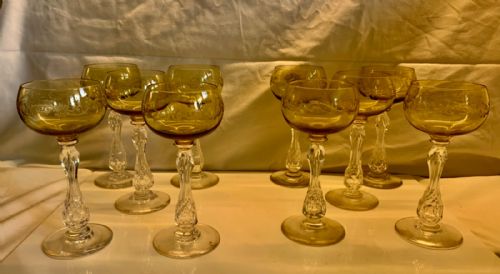 SET OF 10 ST LOUIS CRYSTAL ETCHED WINE GLASSES WITH AIR TRAPPED STEMS C1900 - ADDITIONAL PHOTO 2
