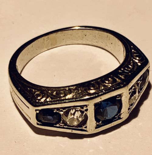 ART DECO PLATINUM SAPPHIRE DIAMOND FIVE STONE RING - ADDITIONAL PHOTO 8