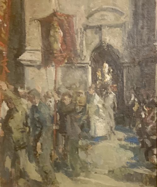 THOMAS JOHN COATES B 1941 TITLED RELIGIOUS FESTIVAL BRITTANY OIL ON CANVAS - ADDITIONAL PHOTO 1