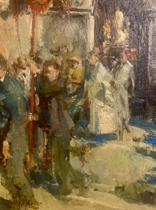 THOMAS JOHN COATES B 1941 TITLED RELIGIOUS FESTIVAL BRITTANY OIL ON CANVAS - ADDITIONAL PHOTO 3