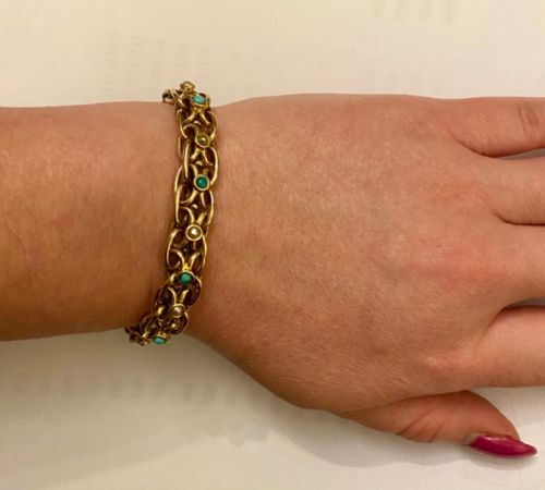 ANTIQUE VICTORIAN 9CT ROSE GOLD EXPANDABLE STRETCH BRACELET WITH TURQUOISE PEARLS - ADDITIONAL PHOTO 3