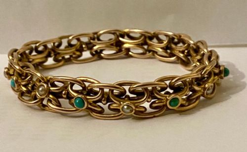 ANTIQUE VICTORIAN 9CT ROSE GOLD EXPANDABLE STRETCH BRACELET WITH TURQUOISE PEARLS - ADDITIONAL PHOTO 5
