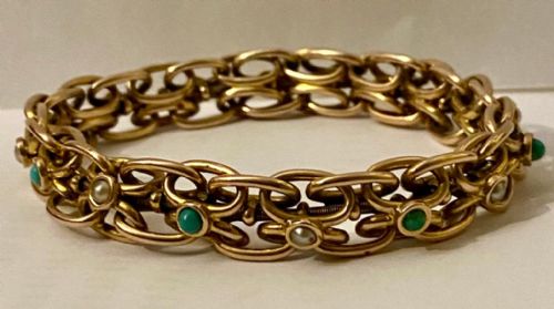ANTIQUE VICTORIAN 9CT ROSE GOLD EXPANDABLE STRETCH BRACELET WITH TURQUOISE PEARLS - ADDITIONAL PHOTO 7