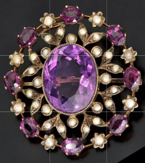 fig 1. A Large Victorian 9ct Solid Gold Amethyst and Seed Pearl Pendant Brooch
