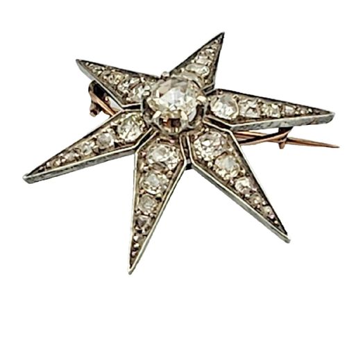 ANTIQUE VICTORIAN 372 CARAT OLD EUROPEAN CUT DIAMOND GOLD SILVER STAR BROOCH - ADDITIONAL PHOTO 1