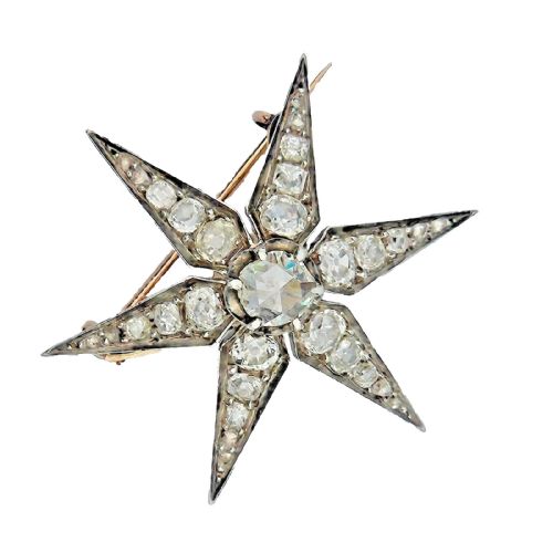 ANTIQUE VICTORIAN 372 CARAT OLD EUROPEAN CUT DIAMOND GOLD SILVER STAR BROOCH - ADDITIONAL PHOTO 2