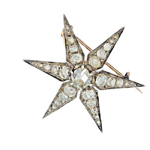 ANTIQUE VICTORIAN 372 CARAT OLD EUROPEAN CUT DIAMOND GOLD SILVER STAR BROOCH - ADDITIONAL PHOTO 3
