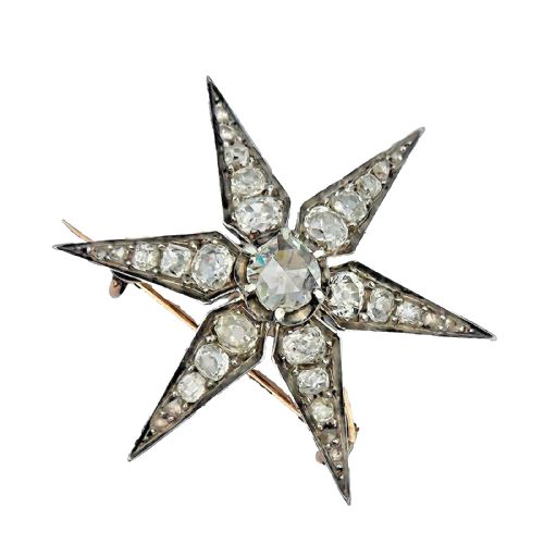 ANTIQUE VICTORIAN 372 CARAT OLD EUROPEAN CUT DIAMOND GOLD SILVER STAR BROOCH - ADDITIONAL PHOTO 4